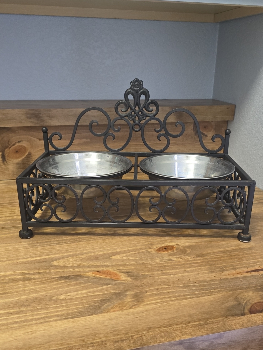 Ornate Double Pet Bowl Stand with Stainless Steel Bowls - Black